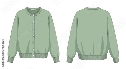 Illustration of a front and back view of a soft sage green cardigan on a white background