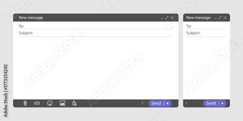 Computer and smartphone email screen mockup. Blank ui message window with empty text field and send button. Flat web layout concept for online office design or website template illustration