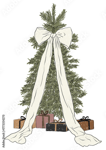 Ilustración minimalista de un árbol de Navidad decorado con un gran lazo de tela y regalos en la base. Estilo limpio, elegante y atemporal, con una paleta de colores suaves y un trazo delicado.