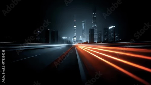Shanghai Night Highway Traffic Light Trails
