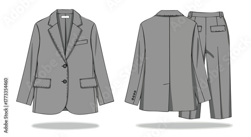 Sophisticated gray suit illustration showcasing front and back views for fashion design and textile visualization projects