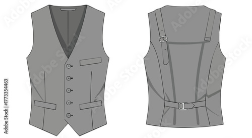 Sophisticated menswear vector illustration: detailed front and back view of a stylish gray vest showcasing tailored design elements and adjustable