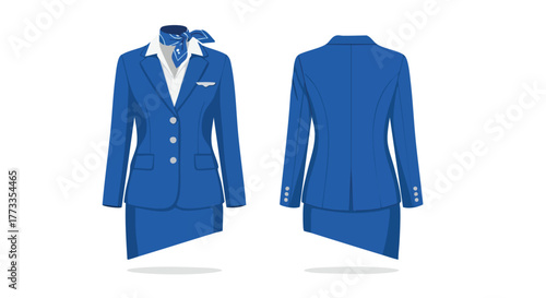 Illustrated front and back view of a blue professional uniform for aviation personnel, depicting a classic and stylized design