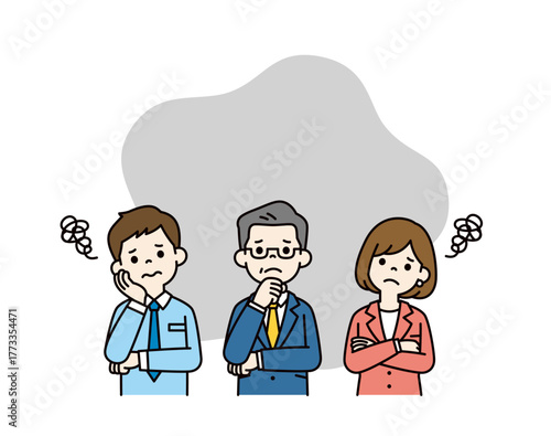 腕を組んで悩む、年配の経営者と若い男女の従業員の上半身ベクターイラスト素材セット＿カラー