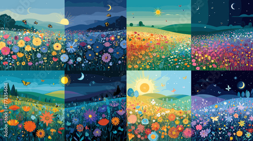 Colorful wildflower meadow under day and night skies. Vibrant floral field landscape perfect for spring, nature, and seasonal design projects.