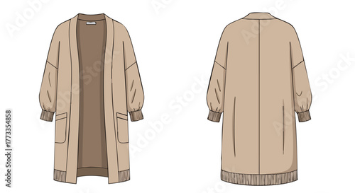 Beige open front cardigan with bishop sleeves, presented from front and back views, emphasizing its contemporary style and refined silhouette