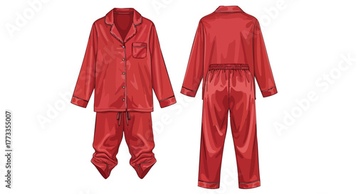Luxurious Scarlet Sleepwear Set Depicting Front and Back Views on a Clean White Backdrop
