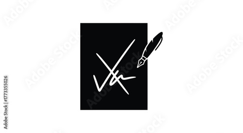 A stylized black rectangle with a white signature and a quill pen silhouette