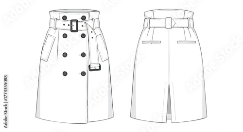 Technical drawing showcasing front and back views of an elegant double-breasted belted skirt design for fashion illustrations