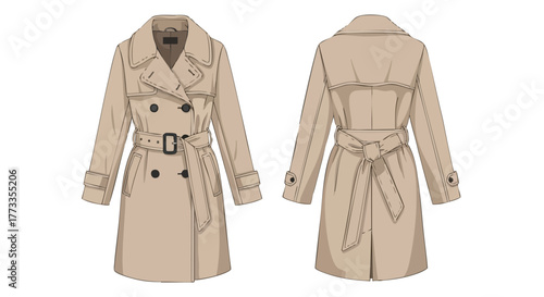 Elegant beige trench coat illustration displaying front and back view fashion design with classic style and modern aesthetic