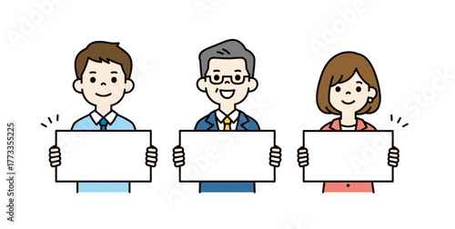 パネルを持って紹介する、社長と若い男女の会社員の上半身ベクターイラスト素材セット＿カラー