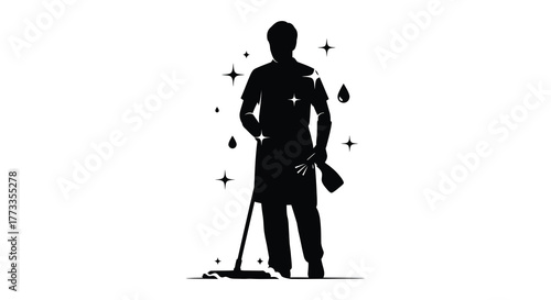 Silhouette of a professional cleaner with a mop and bucket ready for work surrounded by sparkling stars