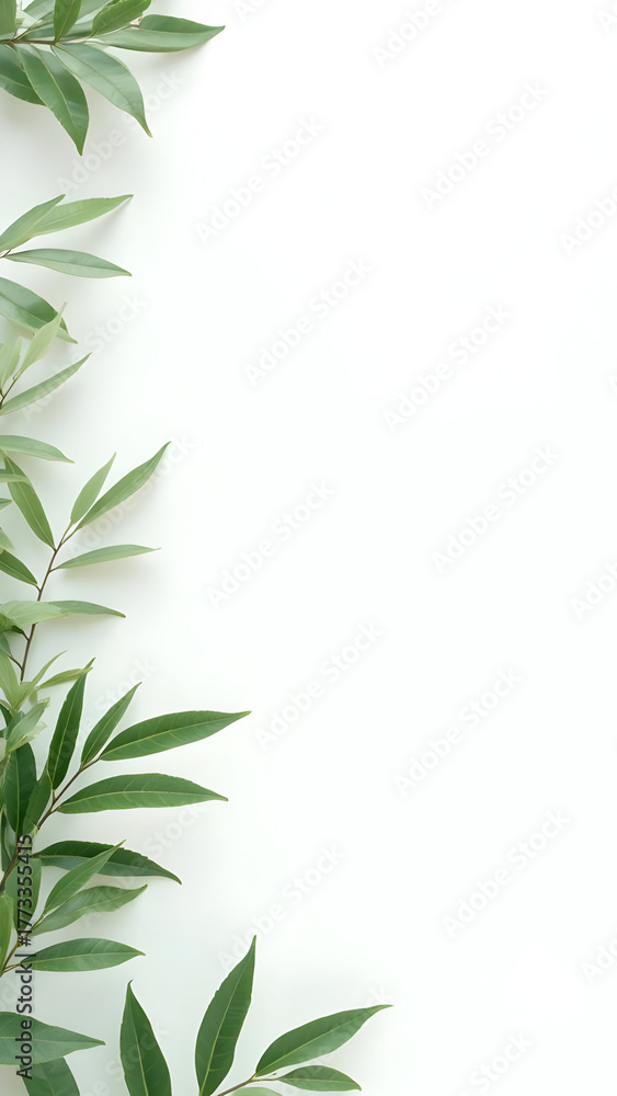 Fototapeta premium Green leaves border a white background, creating a natural and fresh aesthetic.