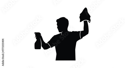 Silhouette of a person holding a spray bottle and cleaning cloth ready for housekeeping tasks silhouette