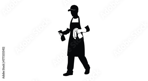 A person wearing an apron and cap holding a spray bottle and cloth depicted in a stark black silhouette against a white background suggesting a cleaning or service role silhouette