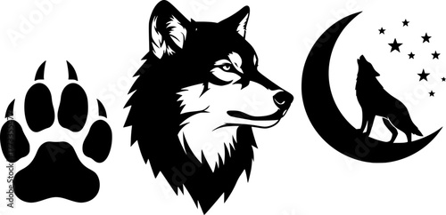 wolf head silhouette, wolf paw print, howling wolf on the moon silhouette, black and white, vector illustration