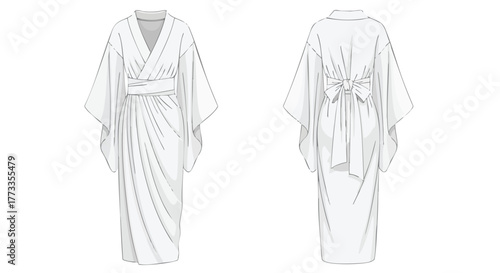 Elegant white kimono design showcasing both front and back views with detailed line work and flowing fabric creating a sophisticated impression