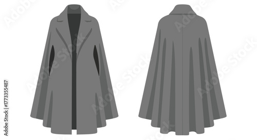 Vector Illustration of an Elegant Gray Cape Coat, Front and Back View on a White Background. Simple Classic Outerwear Design is Presented with