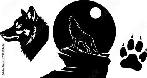 wolf head silhouette, wolf paw print, howling wolf on the moon silhouette, black and white, vector illustration