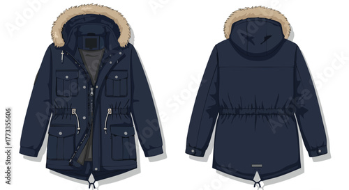 Detailed Vector Illustration of a Navy Blue Winter Parka Jacket with Fur-Trimmed Hood Presented in Front and Back Views