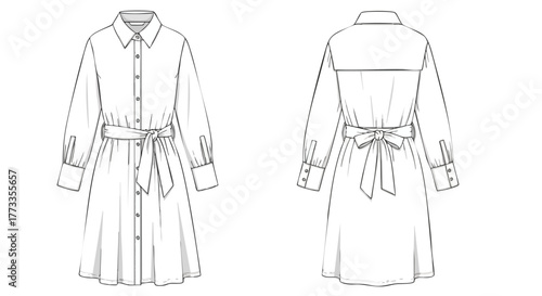 Technical illustration showcasing a classic belted shirt dress design with long sleeves and front button closures highlighting both front and back