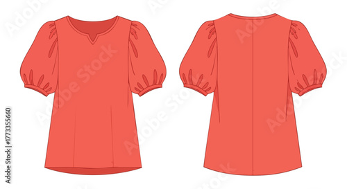 Technical fashion illustration showcasing a women's top with puff sleeves and a v-neckline in a vivid coral hue