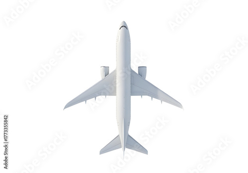 White passenger jet airplane from above isolated on transparent background
