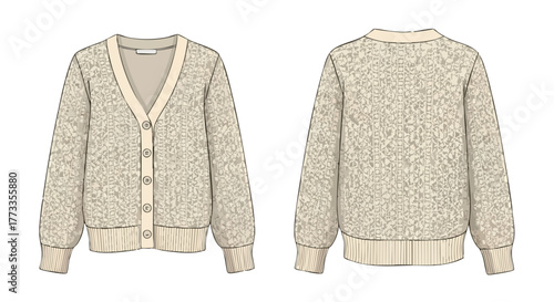 Detailed illustration of a fashionable knitted cardigan, showcasing both front and back designs, presented against a crisp white background