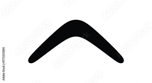 Simple black silhouette of a boomerang on a white background representing return and motion