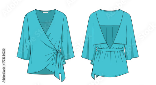 Aqua Wrap Blouse Technical Fashion Flat Sketch: Front and Back View for Garment Design and Production visualising a womens blouse
