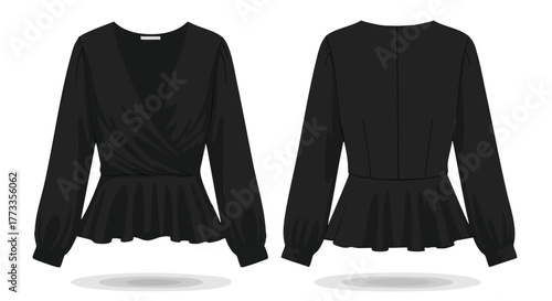 Illustrative black long-sleeve wrap blouse design with peplum waist detailing showcased in front and back views on a plain white background