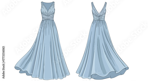 Elegant baby blue gown illustration showcasing front and back views for fashion design and pattern making applications