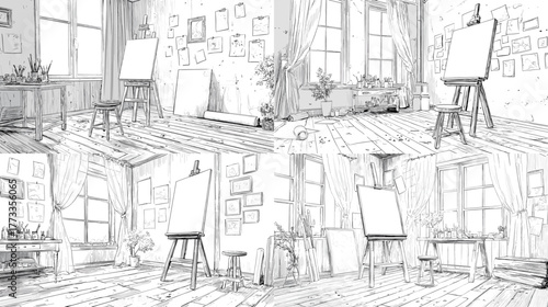 Hand-drawn sketch of an artist’s studio with easels, canvas, and sunlight. Vintage creative workspace perfect for art, design, and interior concepts.