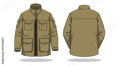 Conceptual rendition of a tan-colored outdoor jacket showcasing front and back views in a detailed illustration, ideal for fashion or design projects