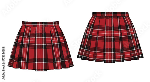 Two stylish red tartan pleated skirts, showcasing classic design and impeccable craftsmanship for fashion enthusiasts