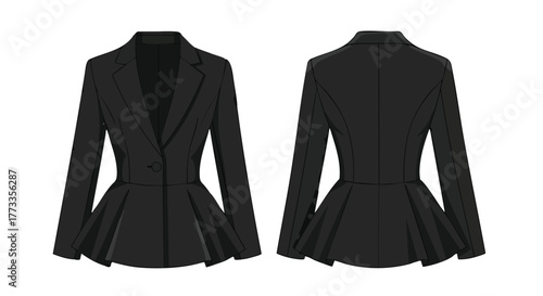 Tailored Elegance: Front and Back Views of a Sophisticated Black Peplum Jacket for Professional Attire and Style