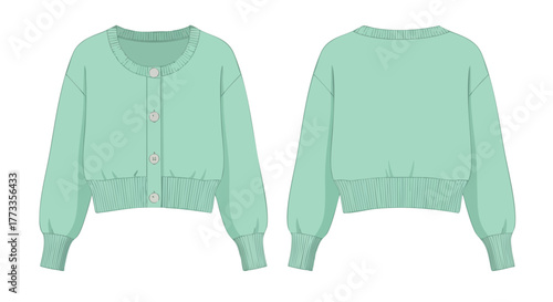 Technical fashion sketch illustrating a cropped cardigan with round neck design and front and back view for garment creation inspiration