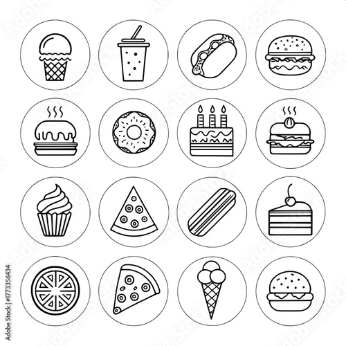 “Black-and-white vector illustration showing sixteen bold, simple food icons arranged symmetrically. Items include fast-food classics and desserts, outlined in consistent line thickness. Designed for 
