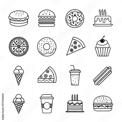 “Black-and-white vector illustration showing sixteen bold, simple food icons arranged symmetrically. Items include fast-food classics and desserts, outlined in consistent line thickness. Designed for 