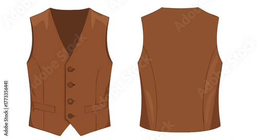 Classic Brown Vest Illustration with Front and Back View Displaying Fashion Element for Tailoring projects