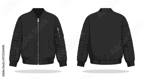Black Bomber Jacket Displaying Front and Back Views for Fashion Design Purposes on Neutral Backdrop