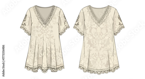 Elegant cream-colored tunic design with intricate lace detailing and a flattering v-neckline showcasing refined textile artistry