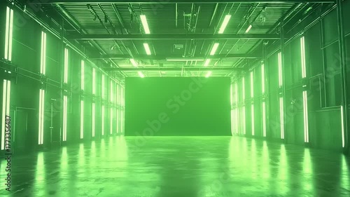 Empty industrial interior illuminated by intense green fluorescent lights