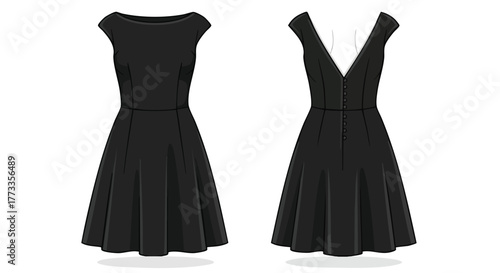 Elegant illustration of two vintage-inspired black dresses with distinct necklines showcasing classic design and style for fashion enthusiasts