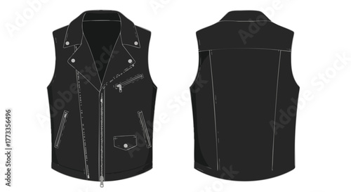 Detailed vector illustration of a sleeveless motorcycle leather jacket showcasing both the front and back designs, isolated on a white background