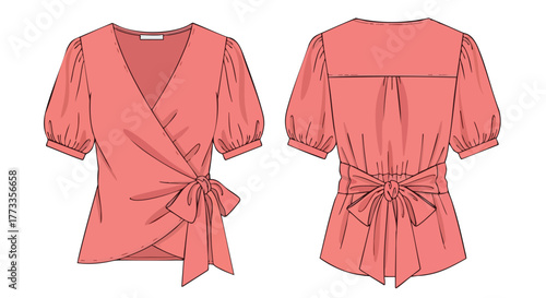 Technical fashion illustration of a coral-colored wrap blouse with puffed sleeves showcasing front and back design details in a clear layout