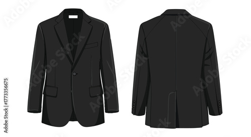 Illustration of a classic black suit jacket showcasing front and back details for design and fashion resources