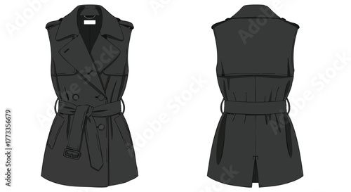 Sleeveless Trench Coat Design Illustration Featuring Double-Breasted Style and Belt Detailing