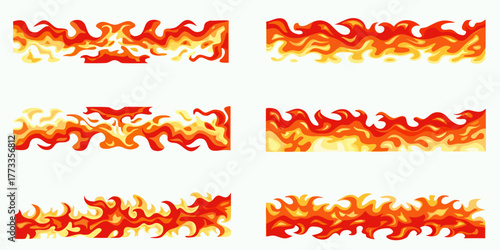 Collection of stylized cartoon fire borders and elements with red orange and yellow flames
