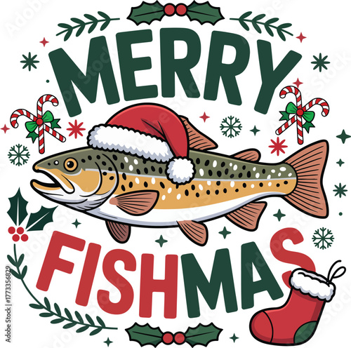 Humorous brown trout wearing santa hat with merry fishmas text and holiday decorations vector illustration